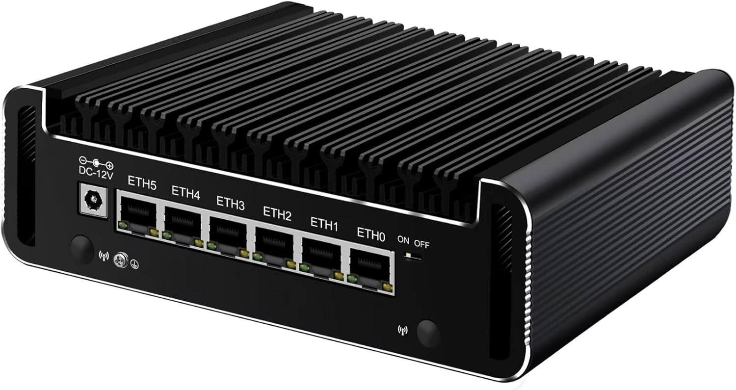 AIOPCWA Micro Firewall Appliance, Core i3 N305 Fanless Mini PC, 6 x 2.5GbE i226V LAN Ports, Support Windows OPNsense, Router PC, AES-NI, TF, Type-C, DDR5 16GB RAM 128GB SSD