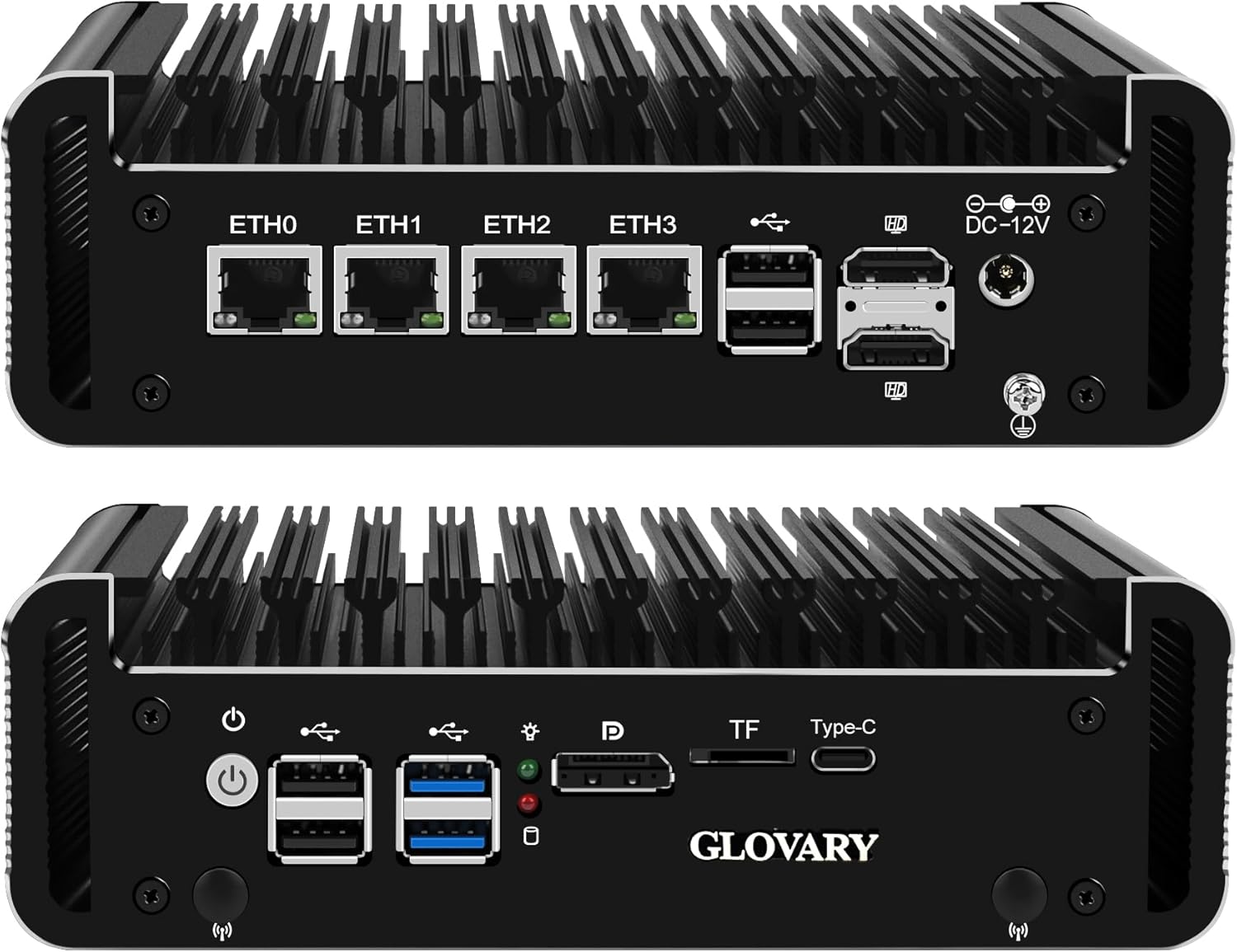 Glovary Firewall Hardware Octa Core N355 Mini PC, 4 x 2.5GbE i226V LAN, Barebone NO RAM NO SSD, Fanless Micro Router Appliance, AES-NI, OPNsense, 2 xM.2 NVMe Slot, 2 xSATA3.0, 5USB2.0, TF