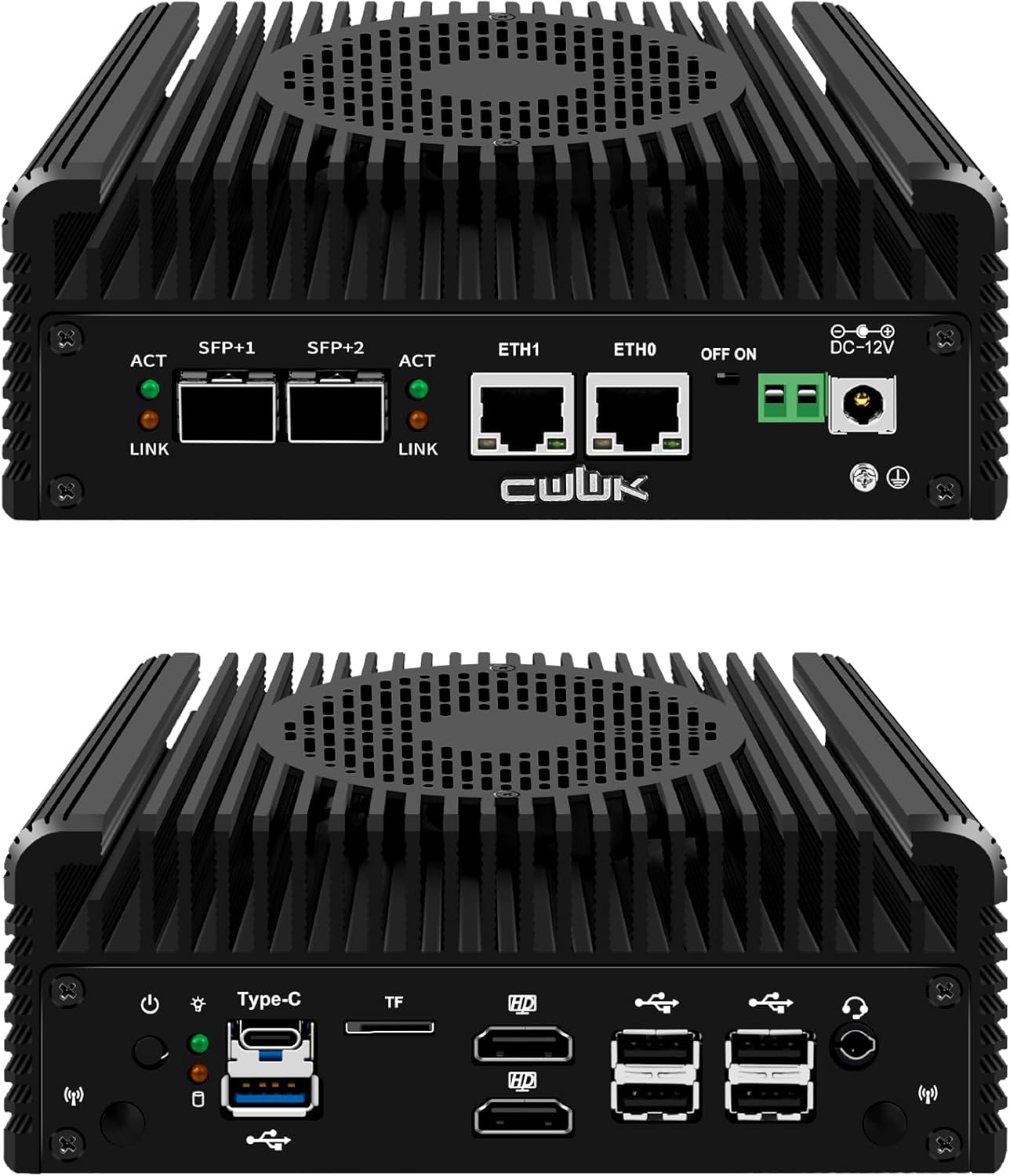 CWWK N150 Mini PC Firewall Appliance, 2 x 10GbE SFP+ Mini Computer with 2 x i226-V 2.5GbE LAN, S2 OPNsense Micro PC Barebone DDR5 NO RAM/SSD/OS, USB-C, TF, Dual 4K Display, AES-NI