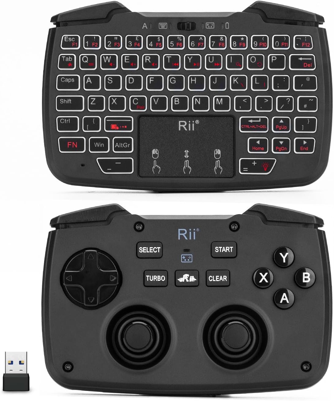 Rii RK707 Mini Keyboard and Mouse Combo with Trackpad, Media Keyboard Mouse with Game Controller, 62-Key Rechargeable Backlit Turbo Vibration for PC/Raspberry pi2/Android TV Google/TV