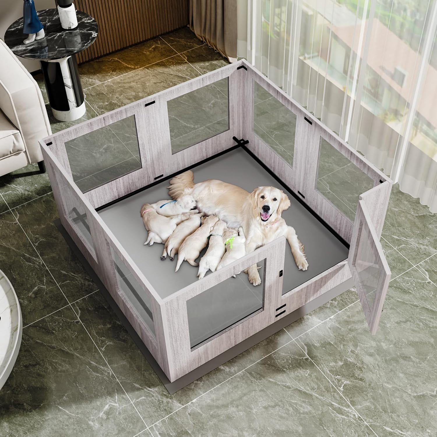 BingoPaw Wooden Dog Whelping Box: Large Indoor Tempered Glass Puppy Playpen Safe Pet Whelping Pen Box with Protective Ledge and Waterproof Pad (H60cm x W120cm x D 118cm)