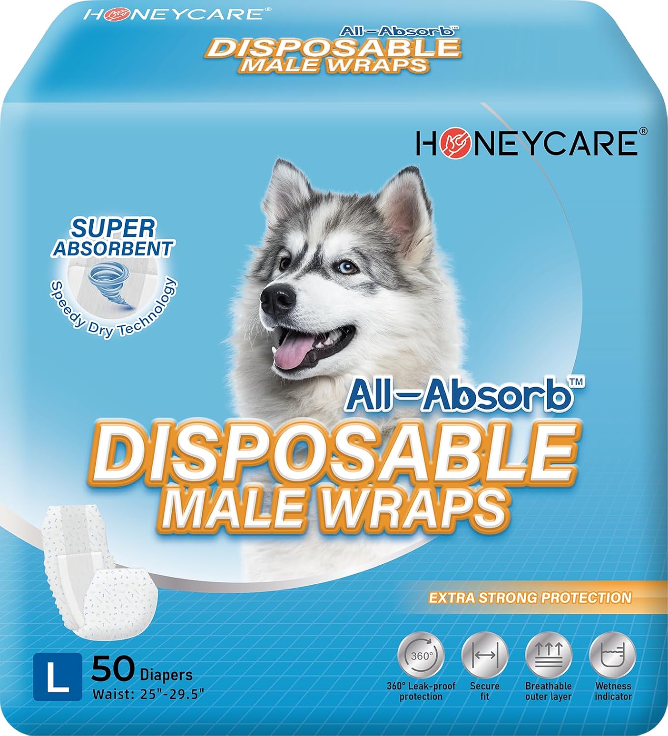 HONEY CARE All-Absorb A24 Male Dog Wrap, 50 Count, Large,Blue and White