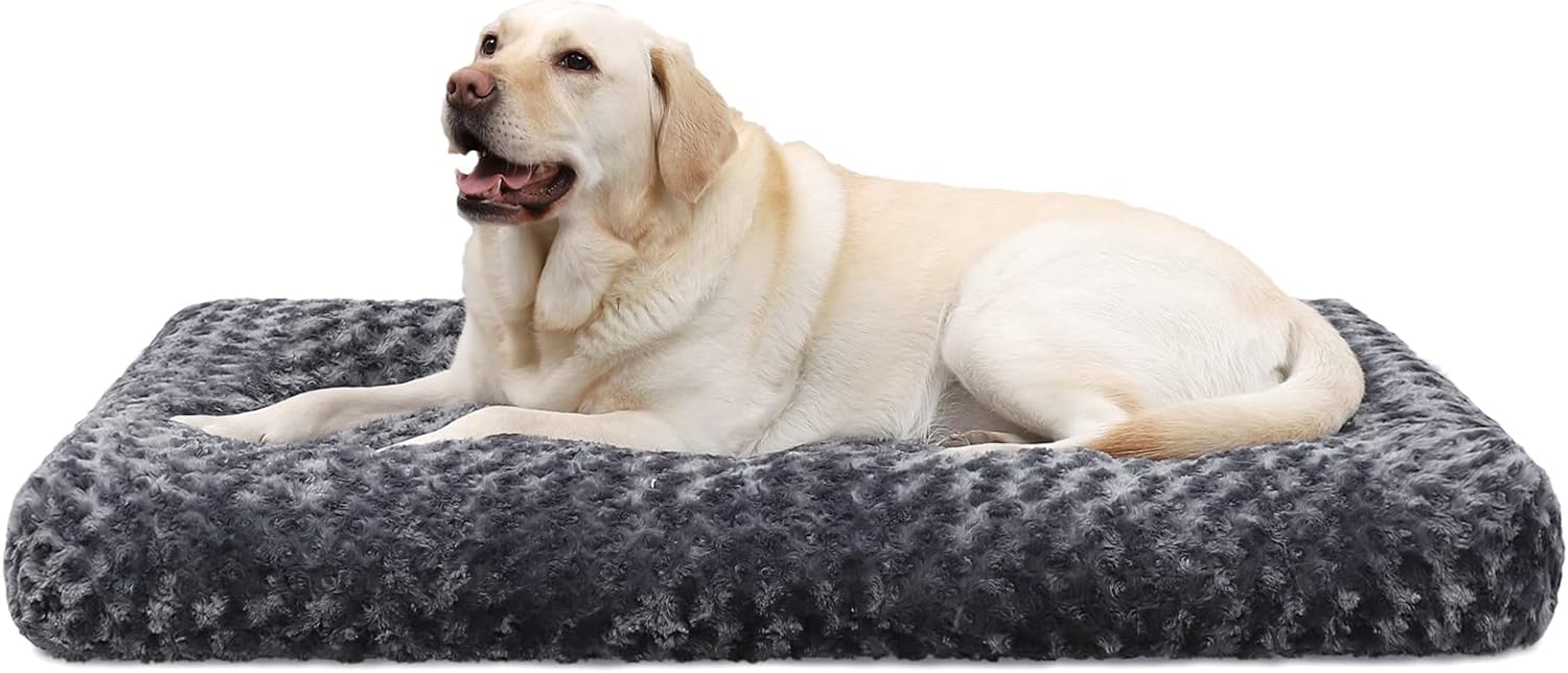 KSIIA Large Dog Bed Washable, Calming Crate Mattress with Non Skid Bottom, Fluffy Anti Anxiety Dog Beds, Pet Pillow Cushion, Dark Grey, 90x60x8cm