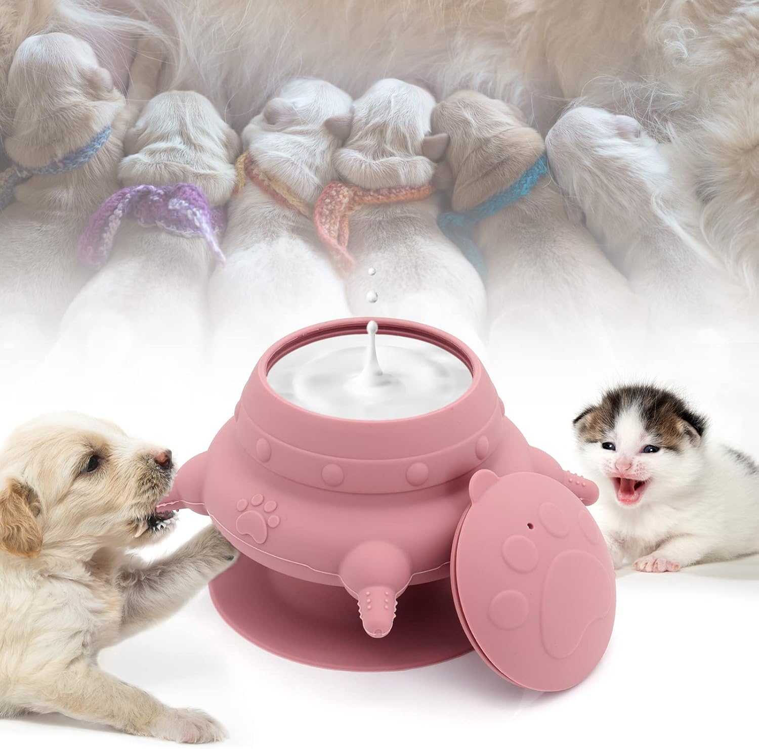 MoYouno Newborn Pet Feeder,4 Teats Puppy Bottles for Nursing Puppy Milk Feeder, Nursing Silicone Milk Bowl 150 ML,for Kitten Squirrels and Other Newborn Pets (pink)