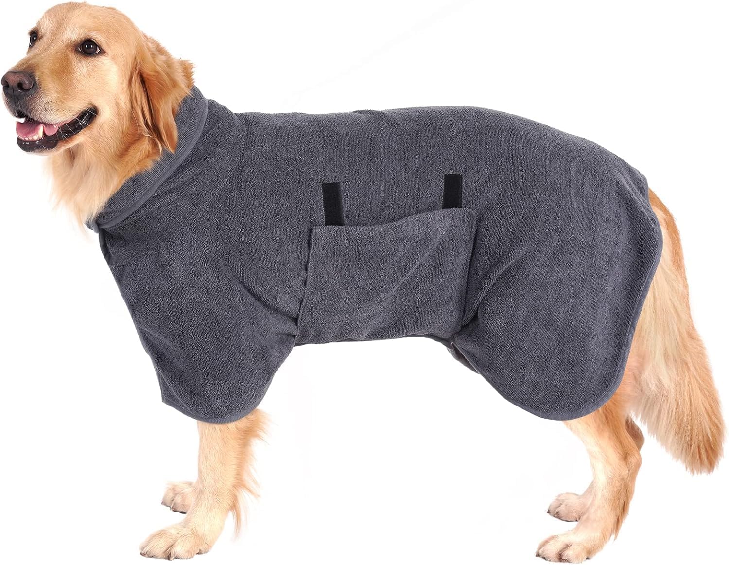 PETTOM Dog Bathrobe Towel Microfiber Super Absorbent Adjustable Dog Drying Coats for Large Dogs, Dog Bathrobe Towelling, Dog Jumper Large Size (Grey,L)